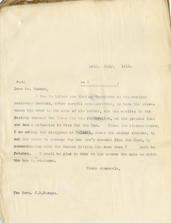 Large size image of Case 9635 15. Copy letter to Revd Hazard letting him know that T. is to be returned to his mother  28 July 1911
 page 1