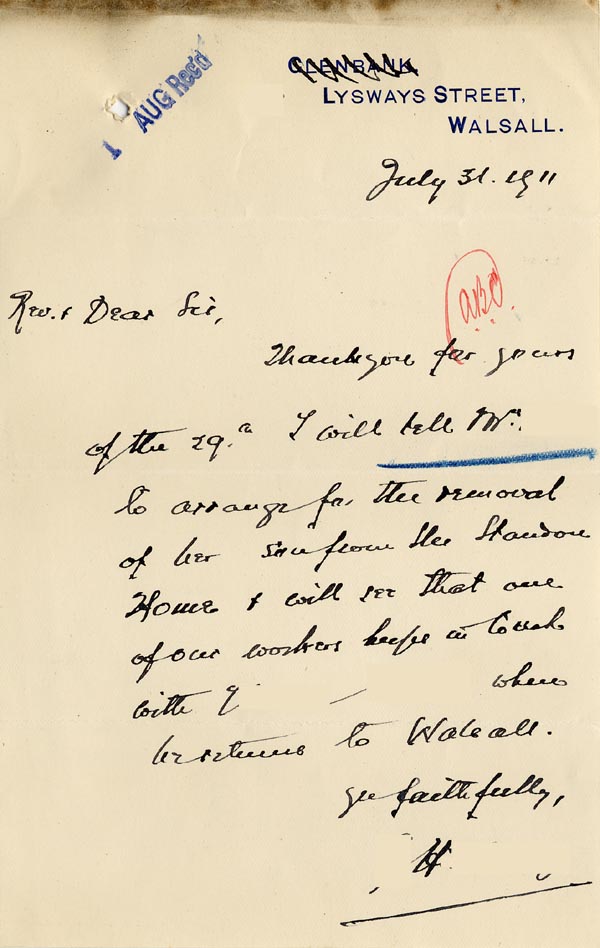 Large size image of Case 9635 16. Letter from Revd H. about arranging for T's removal from the Standon Farm Home  31 July 1911
 page 1
