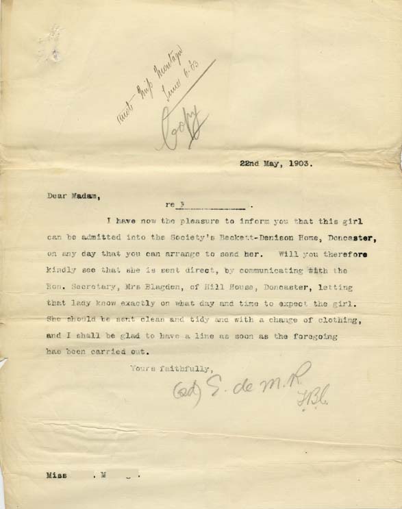 Large size image of Case 9653 3. Copy letter to Miss M. concerning arrangements for F's admission to the Beckett Denison Home  22 May 1903
 page 1