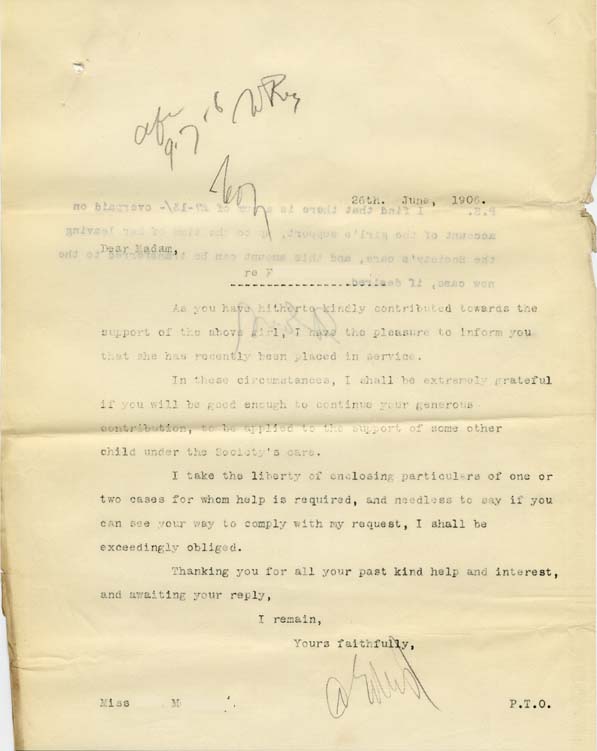 Large size image of Case 9653 7. Copy letter to Miss M. asking if she would continue to support children in the Society's care  26 June 1906
 page 1