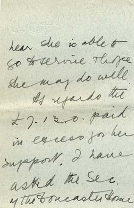 Large size image of Case 9653 8. Letter from Miss M. addressing the problem of the overpaid money and saying that she was not able to support another child at the present time  July 1906
 page 2