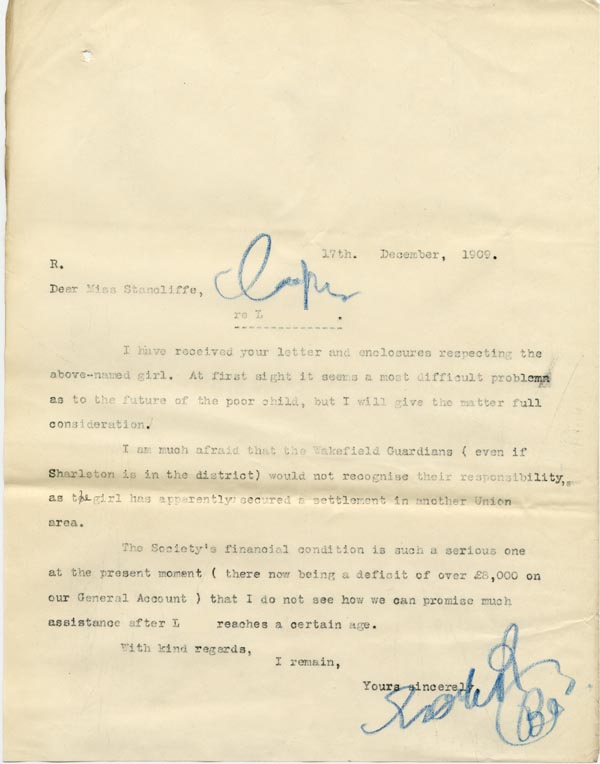 Large size image of Case 9662 5. Copy letter from Revd Edward Rudolf mentioning the Poor Law authorities and the financial position of the Society  17 December 1909
 page 1