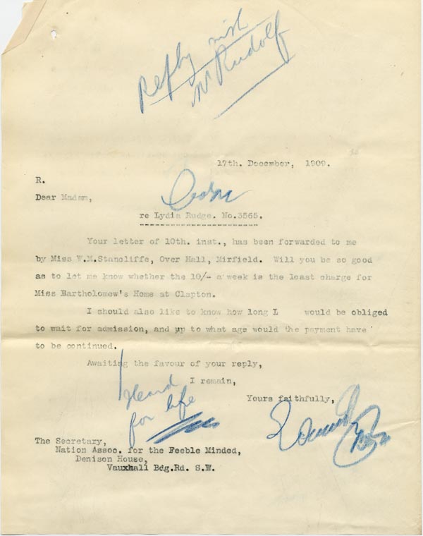 Large size image of Case 9662 6. Copy letter from Revd Edward Rudolf to the National Association for the Feeble Minded  17 December 1909
 page 1