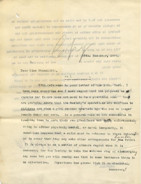 Large size image of Case 9662 7. Copy letter to Miss Stancliffe pointing out difficulties with her proposals for L's future  28 December 1909
 page 1