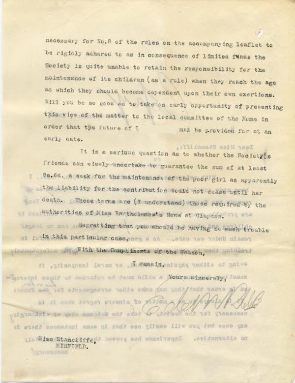 Large size image of Case 9662 7. Copy letter to Miss Stancliffe pointing out difficulties with her proposals for L's future  28 December 1909
 page 2