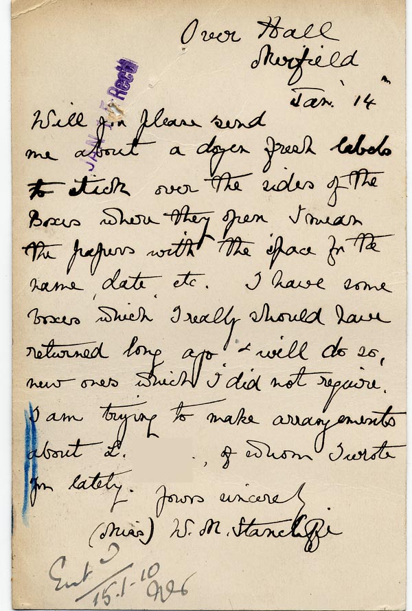 Large size image of Case 9662 8. Postcard from Miss Stancliffe mentioning L.  14 January [1910]
 page 2