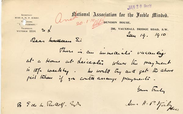 Large size image of Case 9662 9. Letter from the National Association for the Feeble Minded offering a place at a Home in Leicester  19 January 1910
 page 1