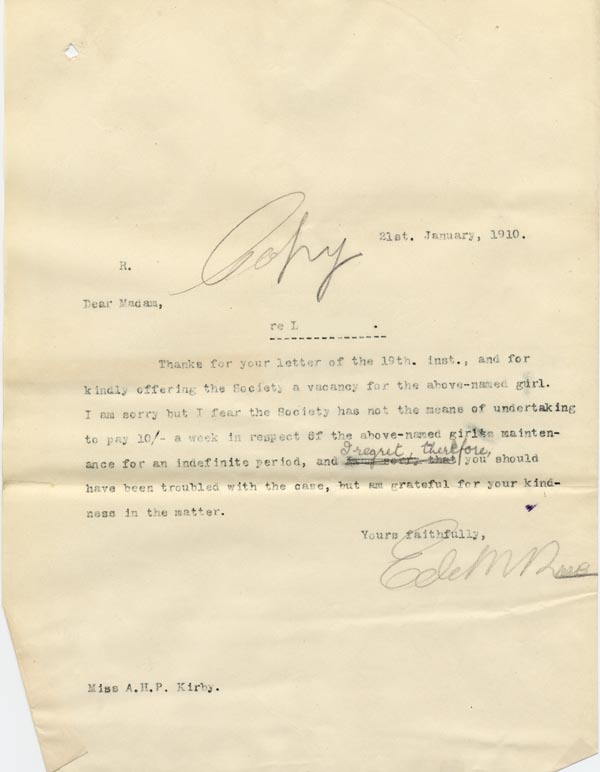 Large size image of Case 9662 10. Copy letter from Revd Edward Rudolf refusing the place  21 January 1910
 page 1