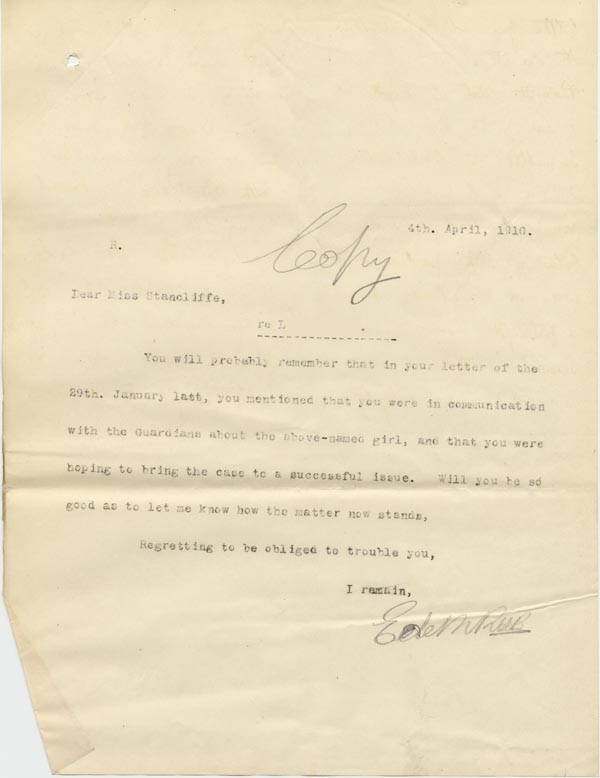 Large size image of Case 9662 13. Copy letter from Revd Edward Rudolf enquiring about the progress of L's case  4 April 1910
 page 1