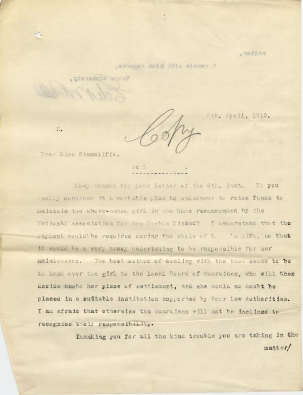 Large size image of Case 9662 15. Copy letter from Revd Edward Rudolf setting out a particular course of action regarding the Poor Law authorities  9 April 1910
 page 1