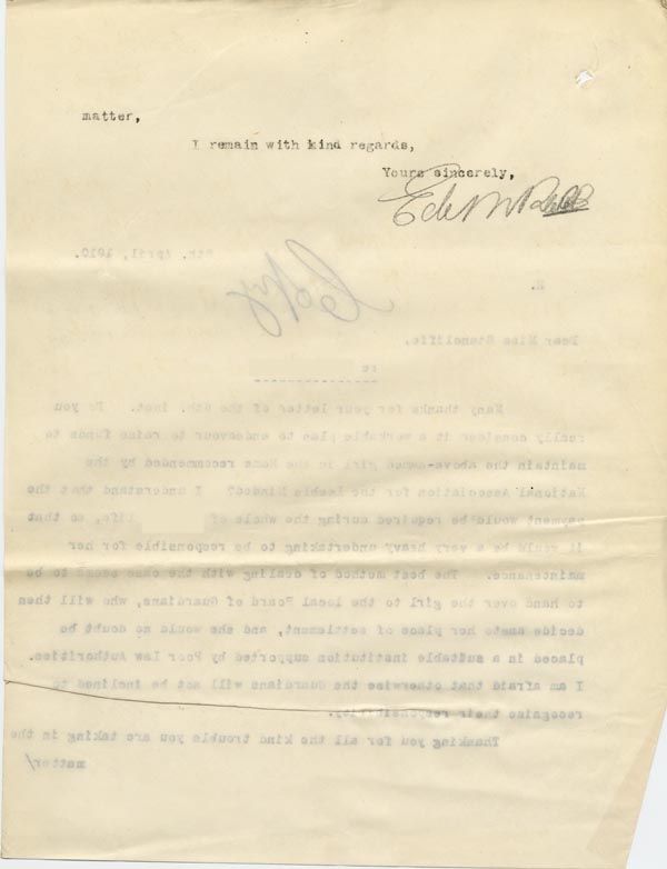 Large size image of Case 9662 15. Copy letter from Revd Edward Rudolf setting out a particular course of action regarding the Poor Law authorities  9 April 1910
 page 2