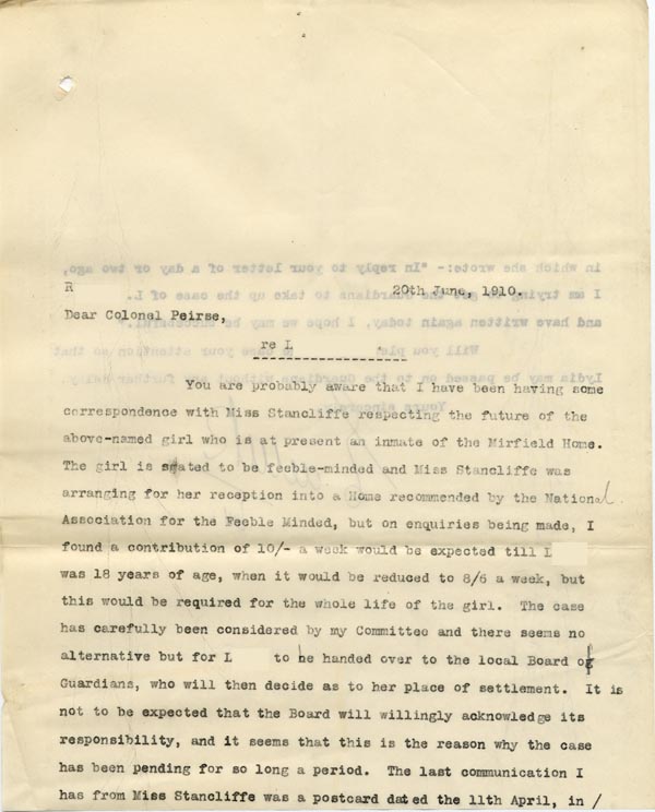 Large size image of Case 9662 17. Copy letter to the Diocesan Secretary, Colonel Peirse asking him to accelerate the handing over of L. to the Poor Law Authorities  20 June 1910
 page 1