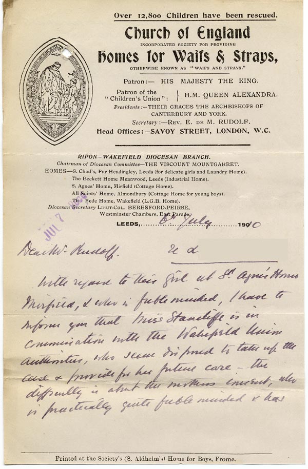 Large size image of Case 9662 18. Letter from Colonel Peirse reporting on the progress of L's case and saying that problems exist with L's mother's consent  6 July 1910
 page 1