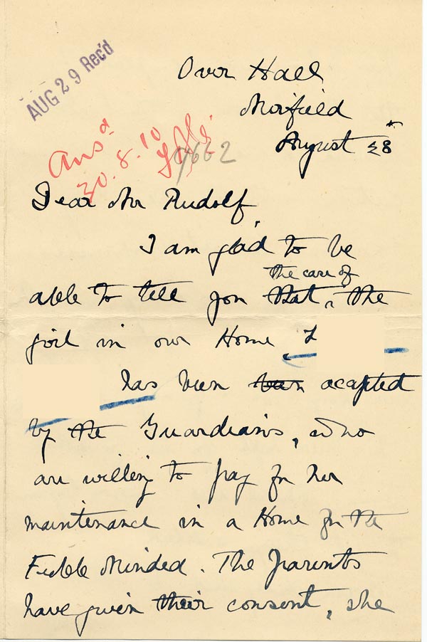 Large size image of Case 9662 19. Letter from Miss Stancliffe reporting that the Guardians have accepted L's case and the parents consent has been obtained  28 August 1910
 page 1