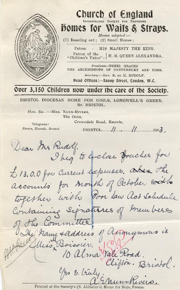 Large size image of Case 9838 3. Letter from Mrs Nunn-Rivers enclosing a note of sums of money received  11 November 1911
 page 1