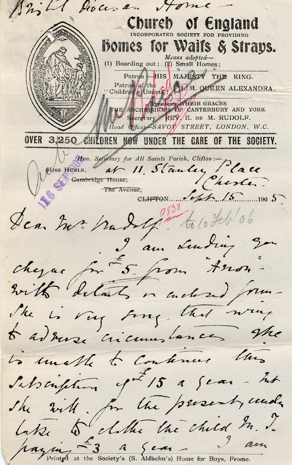 Large size image of Case 9838 4. Letter from Miss Hurle of the Bristol Home reporting that the anonymous benefactor was obliged to contribute a smaller sum  15 September 1905
 page 1