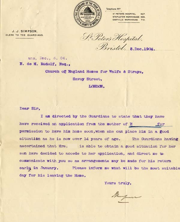Large size image of Case 9874 2. Letter from the Bristol Poor Law Guardians  5 December 1904
 page 1