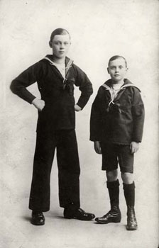 During the Victorian and Edwardian periods many young boys in middle and upper class families would be dressed in 'sailor suits' by their nannies or governesses. Even young Princes in the Royal Family were dressed this way. What a contrast it must have been for these brothers to dress like this, compared to what they wore before entering the Society's care. Boys in coastal homes like St Aidan's, or the Bersted Home in Bognor, often dressed up as 'little sailor laddies' and performed military drills.
