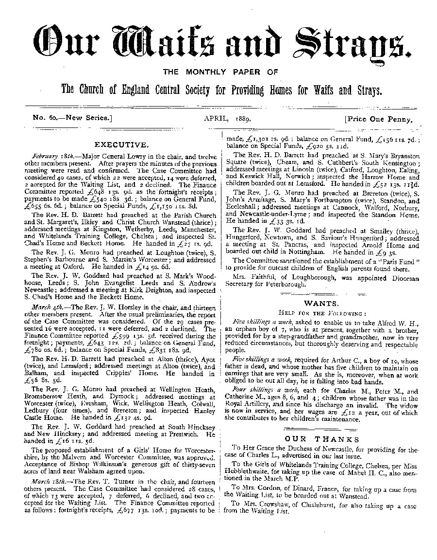 Our Waifs and Strays April 1889 - page 1