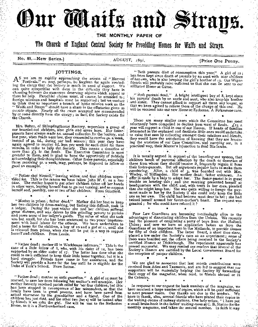Our Waifs and Strays August 1891 - page 1