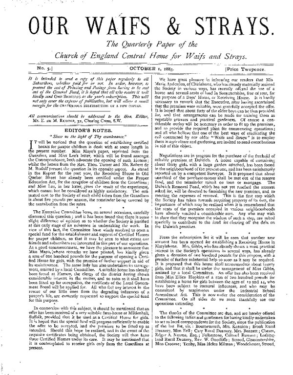 Our Waifs and Strays October 1883 - page 1