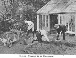 St Andrew's pet dog stands on guard as two boys tend their vegetable patch. Children's homes were often run as large families, with the Matron and Master as mother and father figures. A family pet was always a happy addition to life in a home.