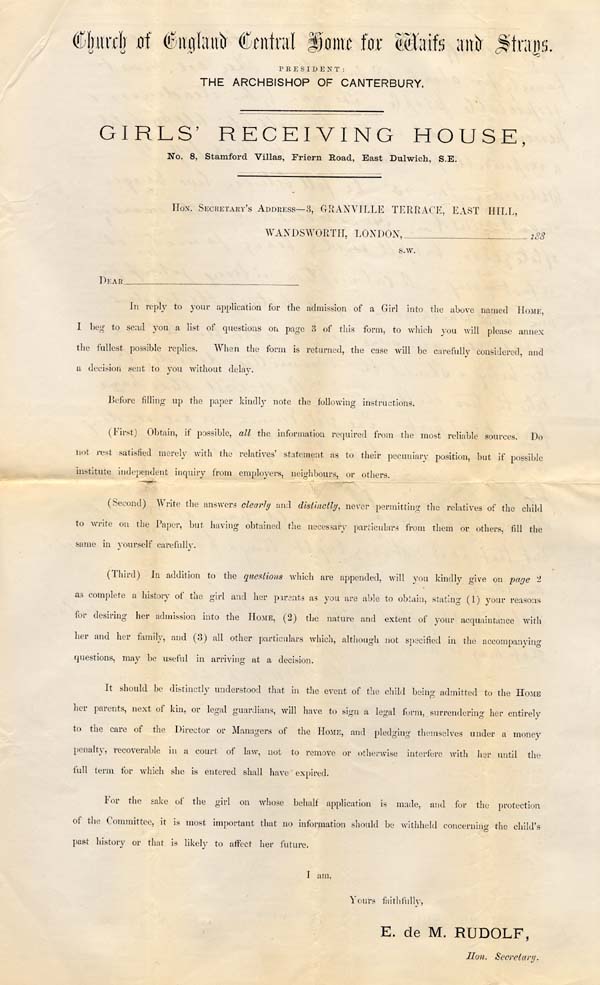 Large size image of Case 10 1. Application to Waifs and Strays' Society 24 February 1882
 page 1