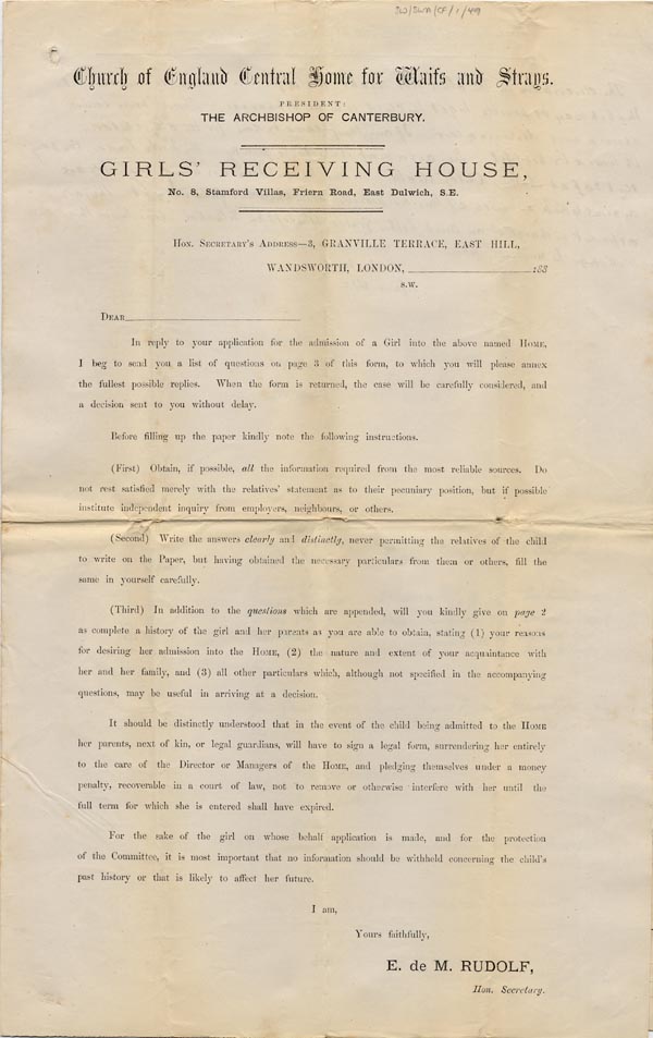 Large size image of Case 49 1. Application to Waifs and Strays' Society  3 June 1882
 page 1
