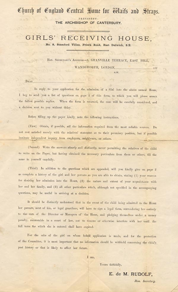 Large size image of Case 67 1. Application to Waifs and Strays' Society 18 July 1882
 page 1