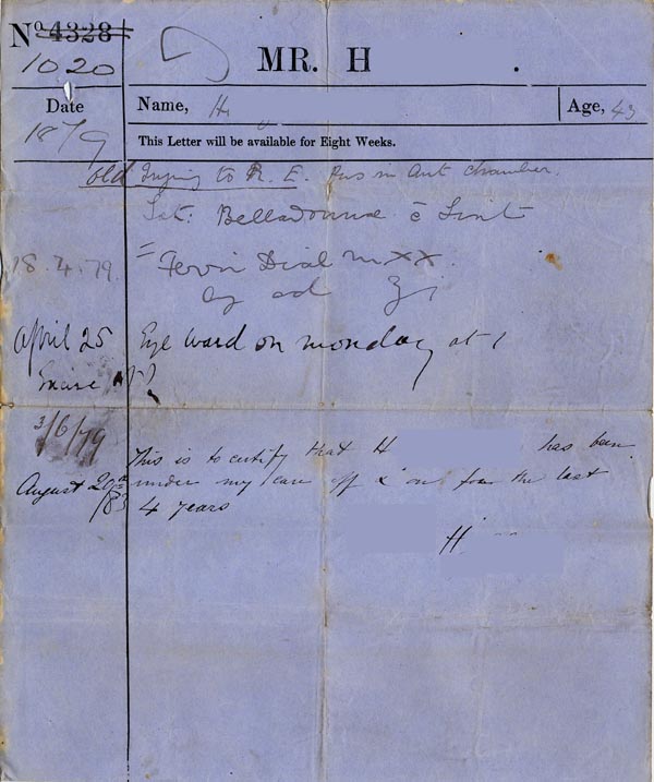 Large size image of Case 186 2. Doctors note for H's father 1 December 1883
 page 1