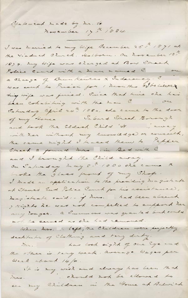 Large size image of Case 186 4. Statement by H's father 17 November 1884
 page 1