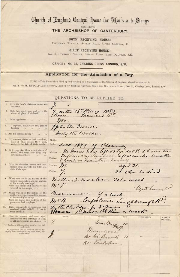 Large size image of Case 188 1. Application to Waifs and Strays' Society  15 August 1883
 page 1