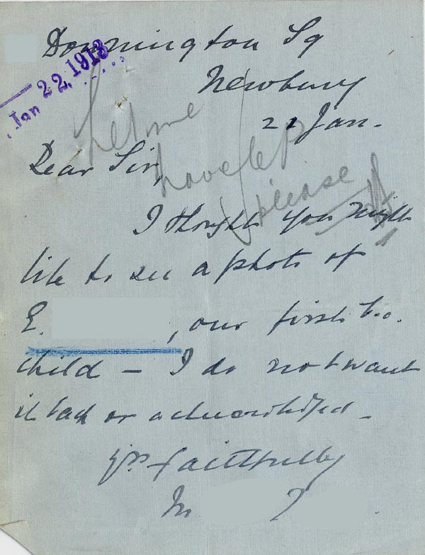 Large size image of Case 189 5. Letter from Miss J. 22 January 1913
 page 1