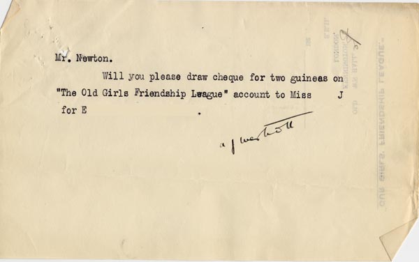Large size image of Case 189 12. Note for The Old Girls Friendship League c. 1931
 page 2