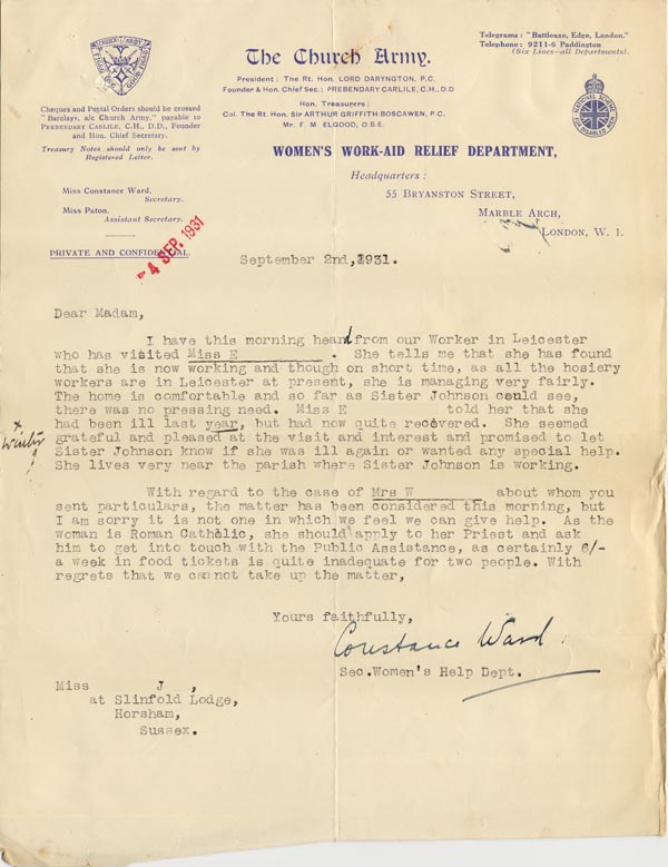 Large size image of Case 189 19. Letter from the Church Army, Women's Work-Aid Relief, 2 September 1931
 page 1