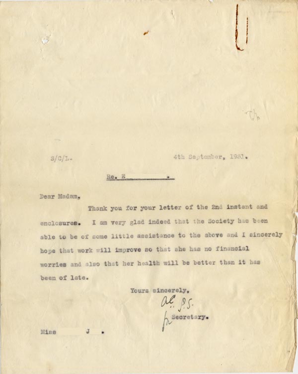 Large size image of Case 189 20. Letter to Miss J. 4 September 1931
 page 1