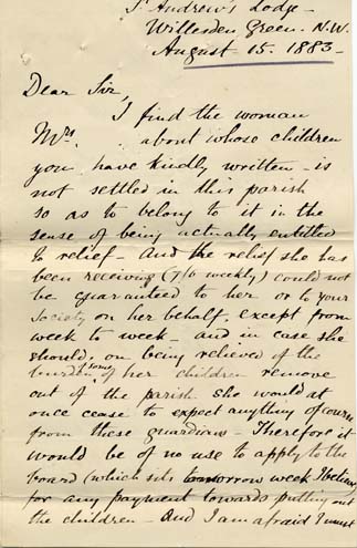 Large size image of Case 239 3. Letter from the Curate of St Andrew, Willesden concerning the family's finances  15 August 1883
 page 1