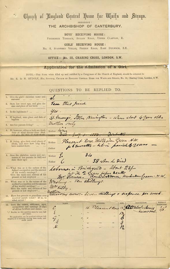 Large size image of Case 240 1. Application to Waifs and Strays' Society for L.  29 June 1883
 page 1