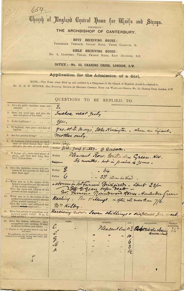 Large size image of Case 240 2. Application to Waifs and Strays' Society for E.  29 June 1883
 page 1