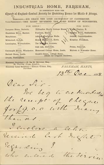 Large size image of Case 240 6. Letter from Fareham Home to the Revd Edward Rudolf enclosing letter about E. losing her situation  13 December 1888
 page 1