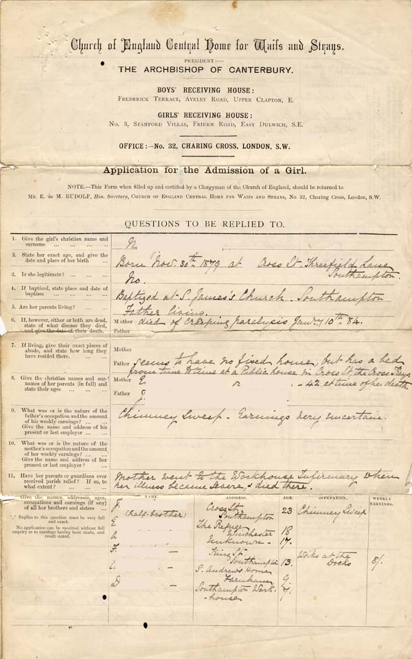 Large size image of Case 262 1. Application to Waifs and Strays' Society  21 February 1884
 page 1
