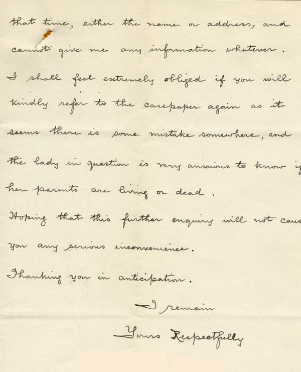 Large size image of Case 262 2. Letter concerning N's birth certificate and parents  1902
 page 2