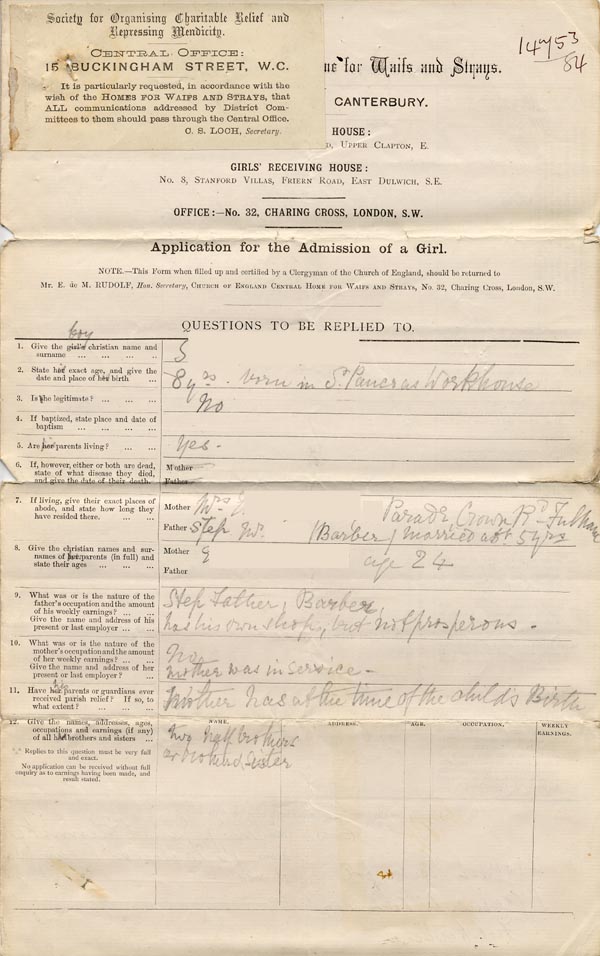 Large size image of Case 326 1. Application to Waifs and Strays' Society c. June 1884
 page 1