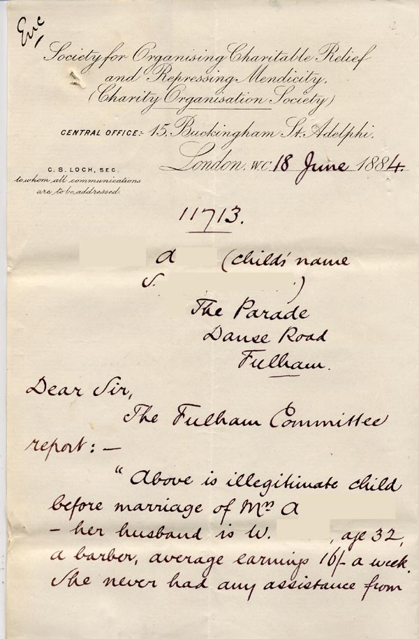 Large size image of Case 326 2. Letter from the Society for Organising Charitable Relief and Repressing Mendicity 18 June 1884
 page 1