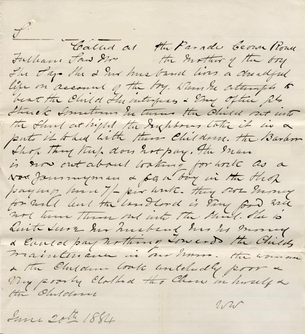 Large size image of Case 326 3. Report on S's circumstances 20 June 1884
 page 1