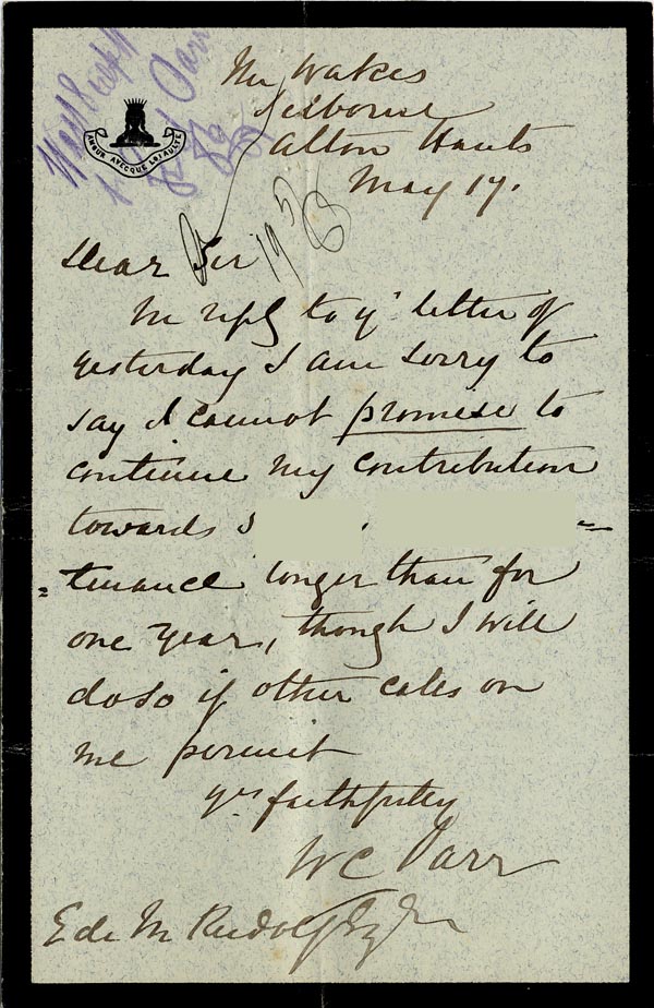 Large size image of Case 326 5. Letter to Revd Edward Rudolf from W.C. Parr 17 May 1888
 page 1