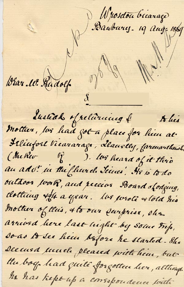 Large size image of Case 326 7. Letter to Revd Edward Rudolf from Revd Izat 19 August 1889
 page 1