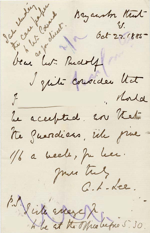 Large size image of Case 542 5. Letter from G.L. Lee stating that he feels F. should be accepted by the Mildenhall Home  22 October 1885
 page 1