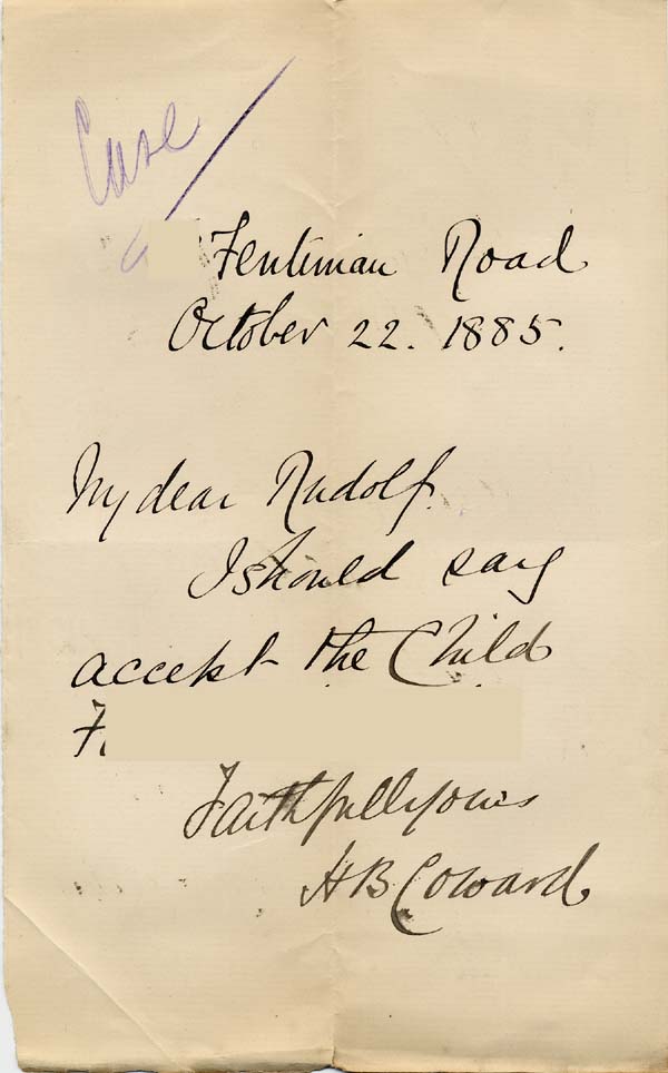 Large size image of Case 542 6. Letter from H.B. Coward accepting F. for the Home  22 October 1885
 page 1