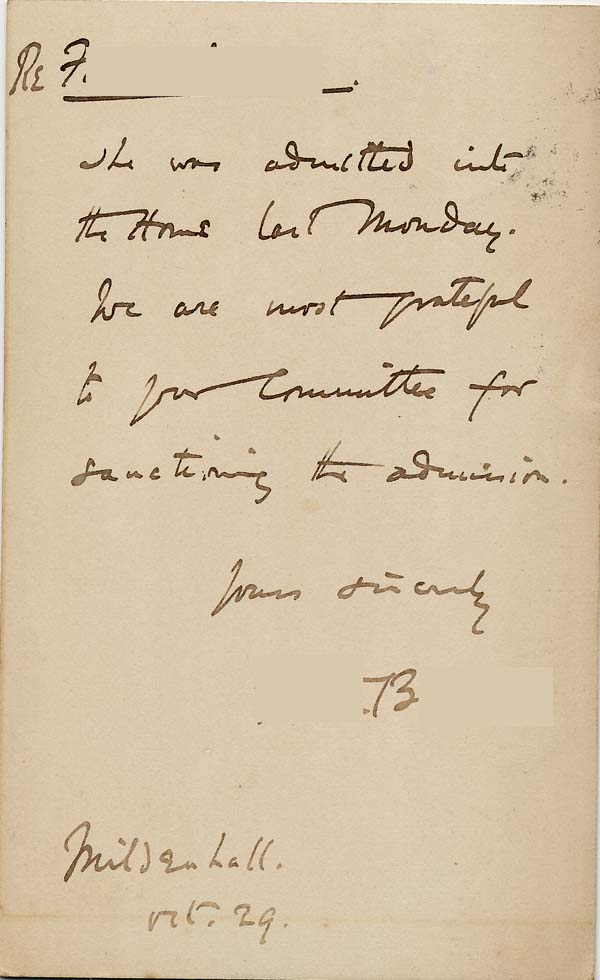Large size image of Case 542 7. Card from Revd B. acknowledging F's admission  29 October 1885
 page 2